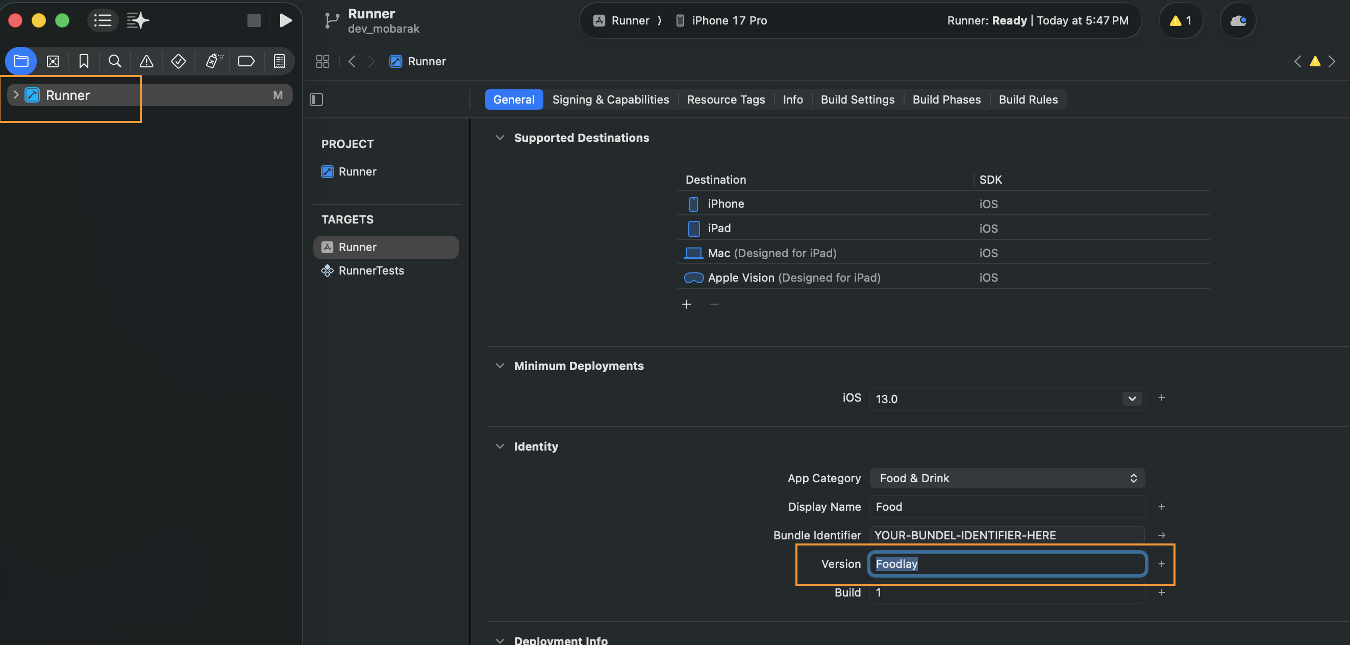 Xcode Runner target general and app name configuration for Foodlay